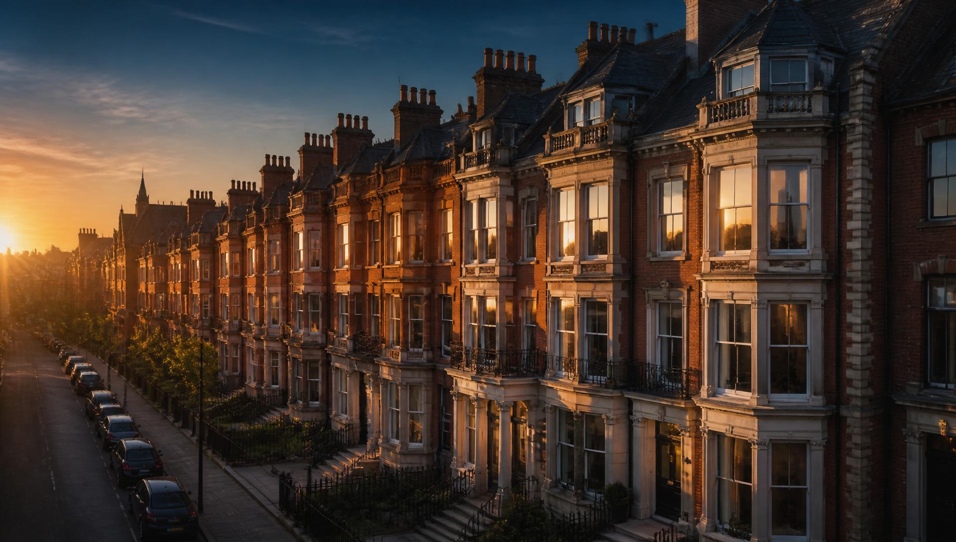 Row of British Victorian townhouses at golden hour